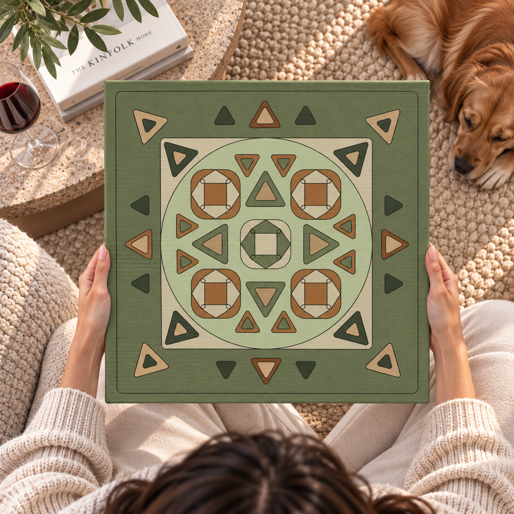 A person holds a square canvas print featuring a geometric design in sage green, beige, and brown tones. The scene is set in a cozy living room with a dog lying on a textured rug in the background, a wine glass and book on a coffee table to the left, and the person's hands and head visible holding the canvas.