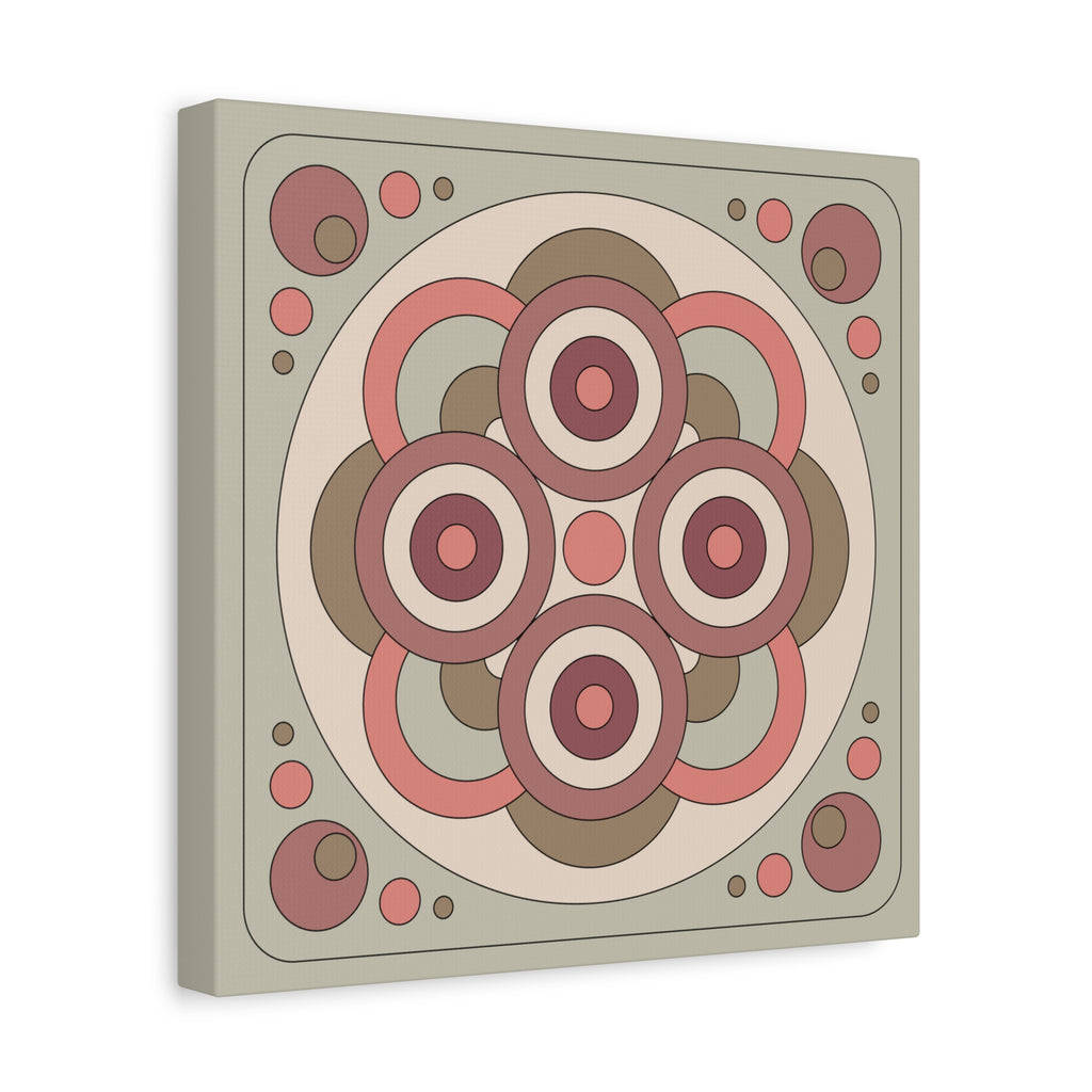 A square canvas wall art print featuring a retro 1970s-style geometric medallion design in muted pink, terracotta, taupe, and cream tones, shown from a slight angle against a white background.
