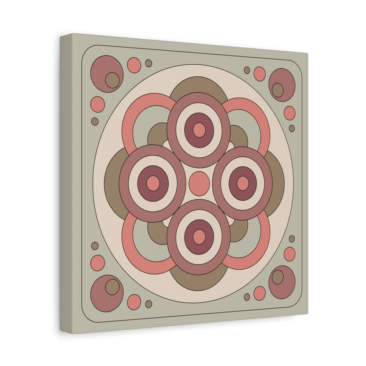 A square canvas wall art print featuring a retro 1970s-style geometric medallion design in muted pink, terracotta, taupe, and cream tones, shown from a slight angle against a white background.