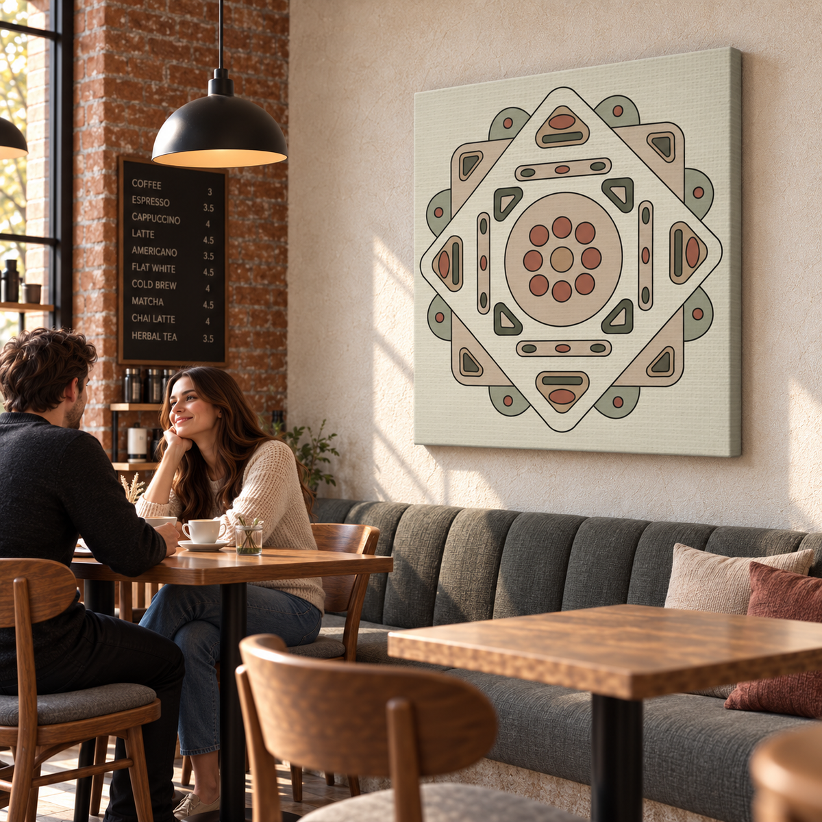 A large square canvas wall art print featuring a geometric mandala design in muted beige, sage green, terracotta, and gray tones, displayed on a wall in a cozy cafe interior with a couple seated at a table below.