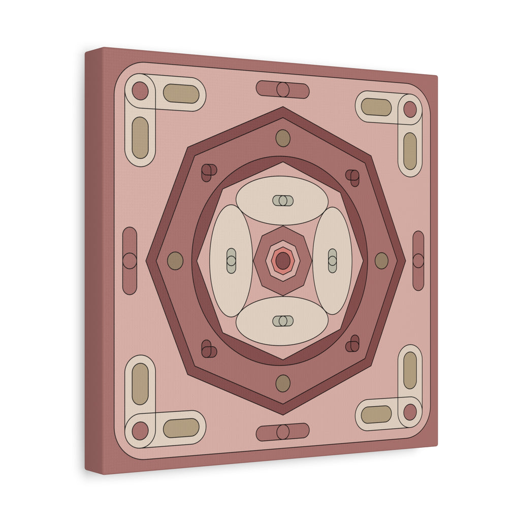 A square canvas wall art print featuring a symmetrical geometric design in muted dusty pink, terracotta, cream, and olive green tones, shown at a slight angle on a white background.