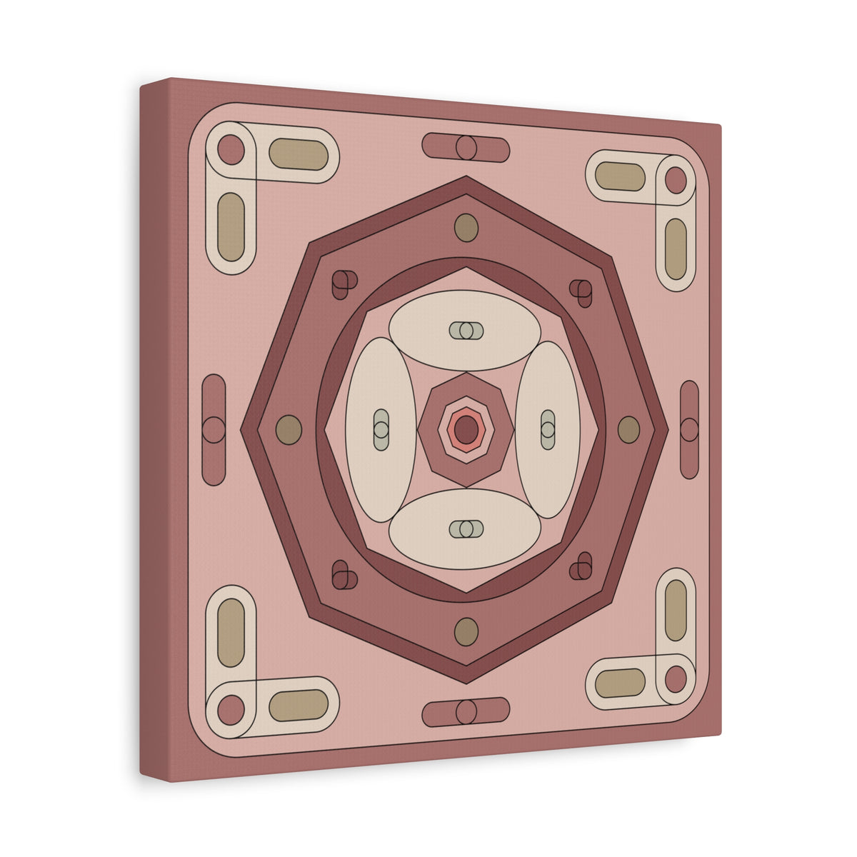 A square canvas wall art print featuring a symmetrical geometric design in muted dusty pink, terracotta, cream, and olive green tones, shown at a slight angle on a white background.