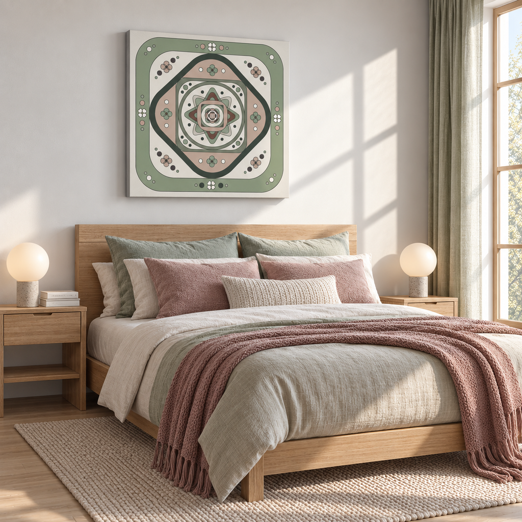 A styled bedroom scene with a wooden bed dressed in neutral linens and a dusty pink throw blanket, beneath a large framed wall art piece featuring a geometric mandala design in sage green, beige, and brown.