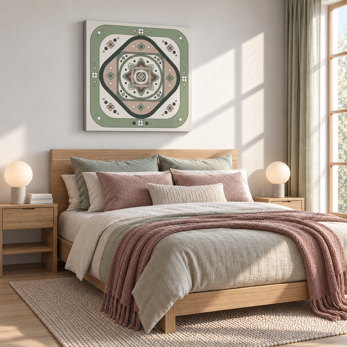 A styled bedroom scene with a wooden bed dressed in neutral linens and a dusty pink throw blanket, beneath a large framed wall art piece featuring a geometric mandala design in sage green, beige, and brown.