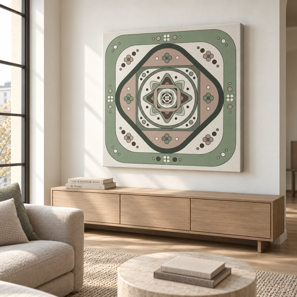A square canvas wall art print featuring a bohemian-style geometric mandala design in sage green, beige, brown, and cream, displayed on a white wall above a light wood console table in a modern living room setting.