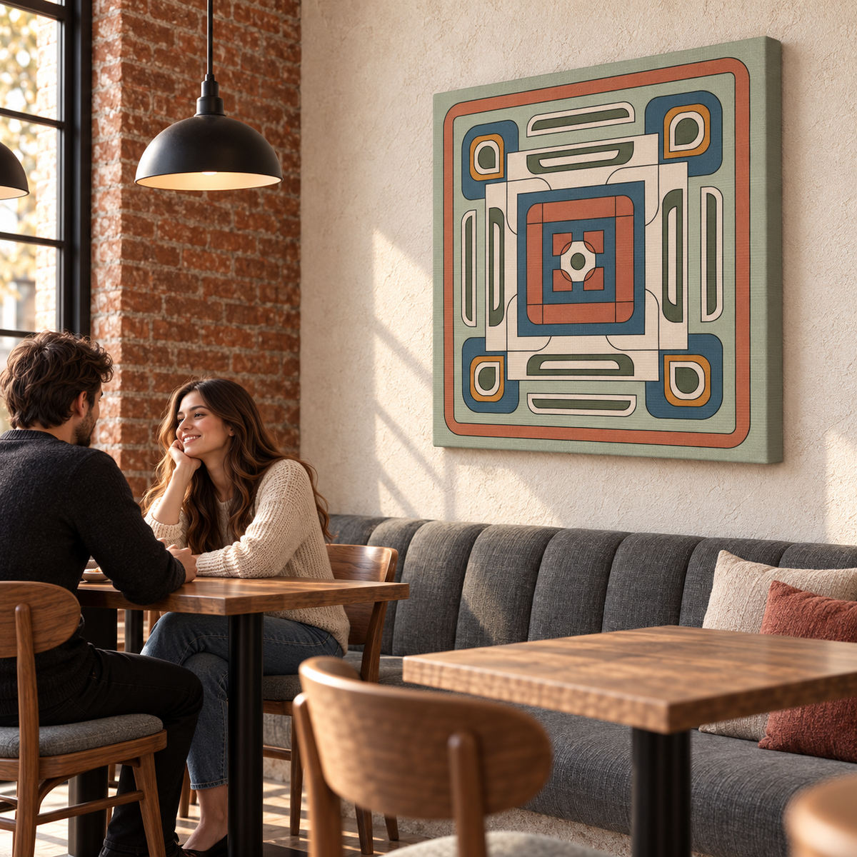 A square canvas wall art print with a retro geometric pattern in muted teal, terracotta, cream, and olive tones, hanging on a textured wall in a cozy, sunlit cafe with a couple seated at a table below.