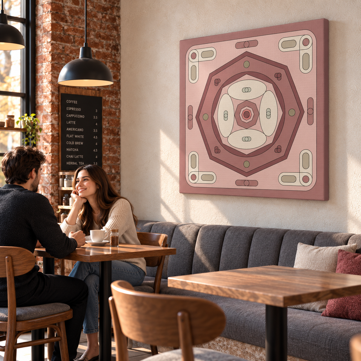 A square canvas wall art print featuring a retro geometric design in dusty pink, mauve, cream, and olive green, hanging on a beige wall in a cozy cafe setting with a couple seated at a wooden table below.