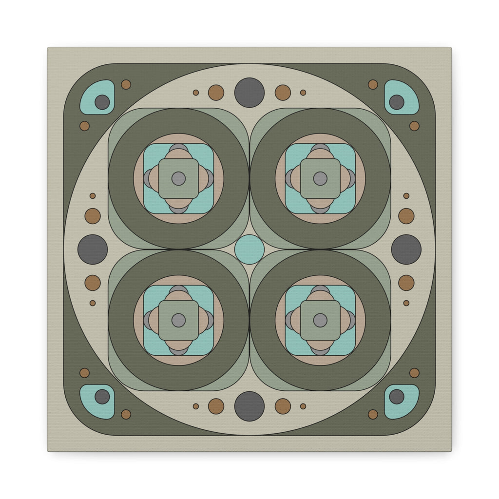 A square abstract art print featuring a symmetrical geometric design with concentric circles, four central medallions, and small dots in muted sage green, beige, light blue, brown, and gray tones.