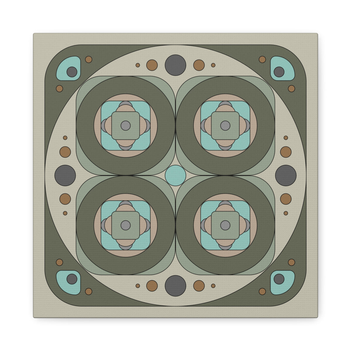 A square abstract art print featuring a symmetrical geometric design with concentric circles, four central medallions, and small dots in muted sage green, beige, light blue, brown, and gray tones.