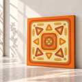A square canvas wall art print featuring a retro 1970s-style geometric pattern in orange, yellow, and red, leaning against a white wall on a polished floor with soft window shadows.