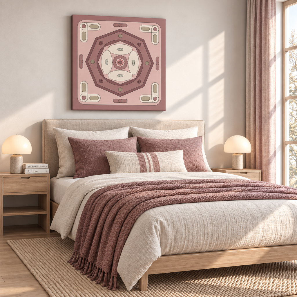 A styled bedroom scene with a bed dressed in cream bedding and a dusty rose throw blanket, flanked by matching pillows, with a matching framed wall art piece above the headboard.