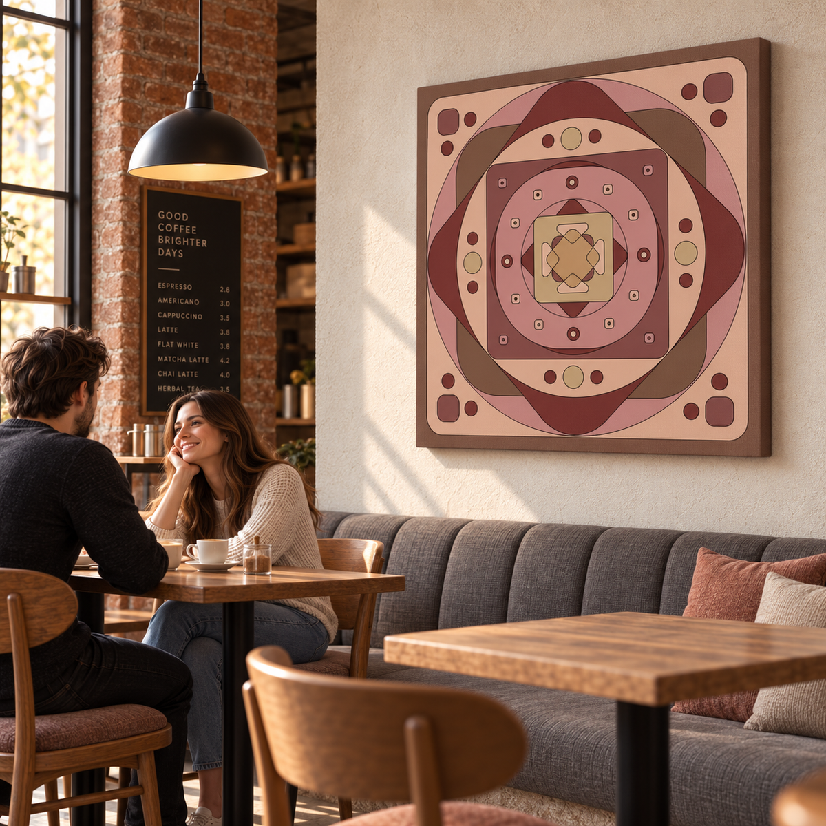 A large square framed wall art print with a retro geometric mandala pattern in shades of pink, brown, and beige hangs on a wall in a cozy cafe setting with a couple seated at a table below.