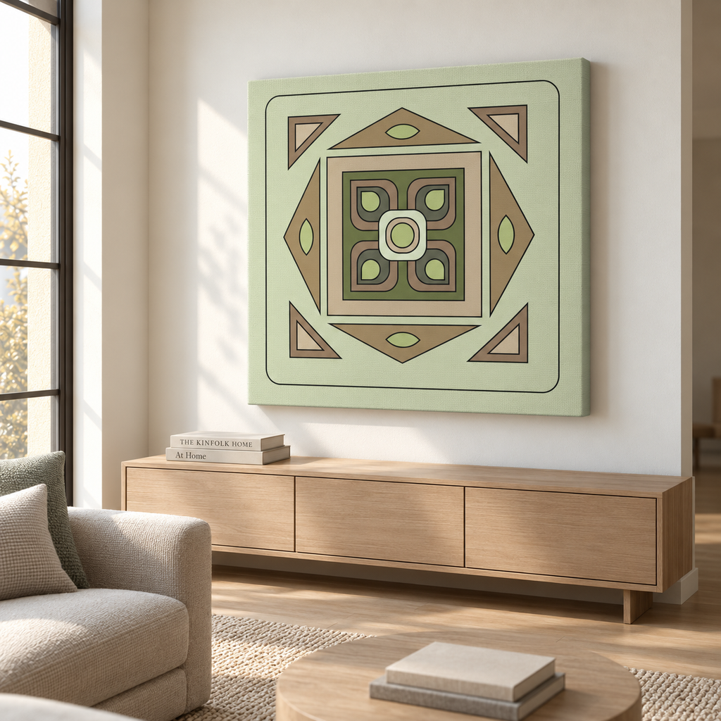 A square canvas wall art print with a retro geometric medallion design in sage green, olive green, and brown, displayed on a white wall above a light wood console table in a modern living room setting.