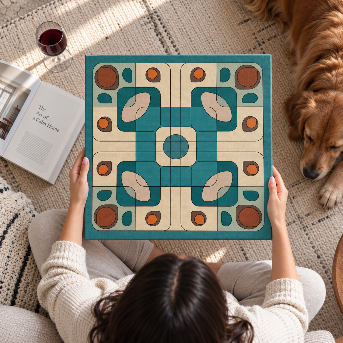 A person holds a square decorative tile board with a retro geometric pattern in teal, cream, and brown. The scene is photographed from above on a woven rug, with a glass of red wine, an open book, and a golden retriever dog nearby.