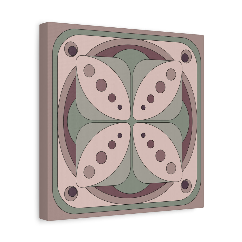 A square abstract wall art print with a symmetrical geometric floral design in muted beige, sage green, dusty rose, and taupe tones, shown at a slight angle on a white background.