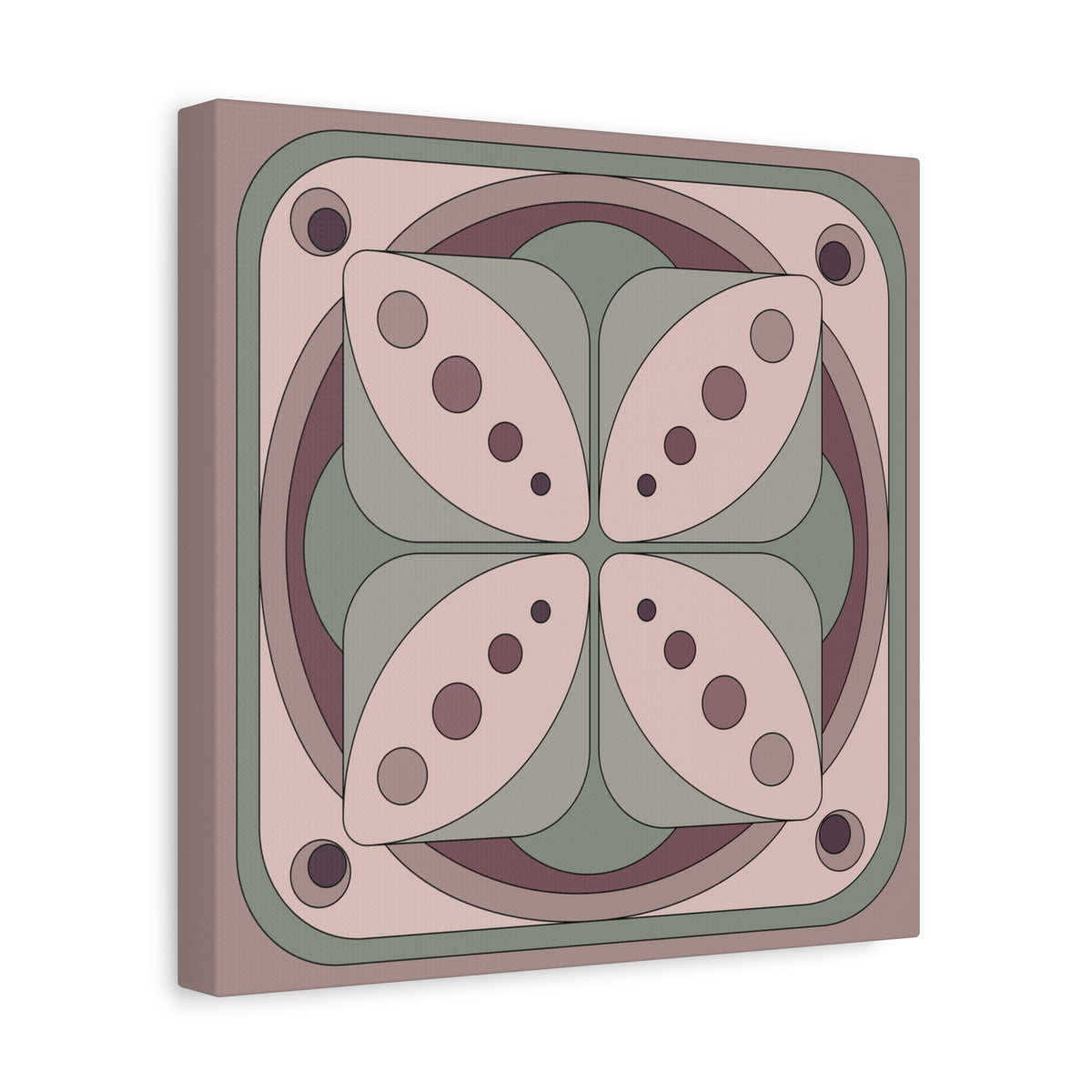 A square abstract wall art print with a symmetrical geometric floral design in muted beige, sage green, dusty rose, and taupe tones, shown at a slight angle on a white background.