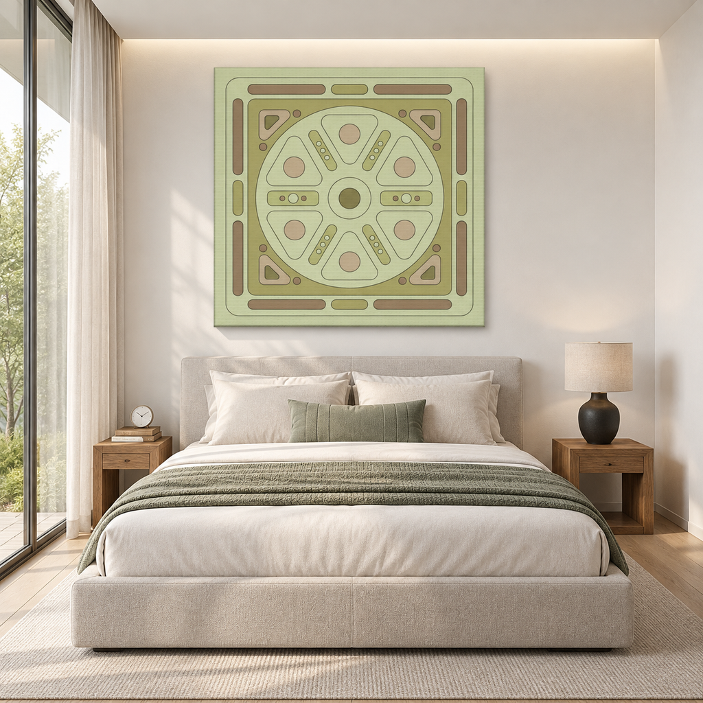 A modern bedroom featuring a square wall art print with a retro geometric wheel design in sage green, beige, and brown tones, hung above a neatly made bed.