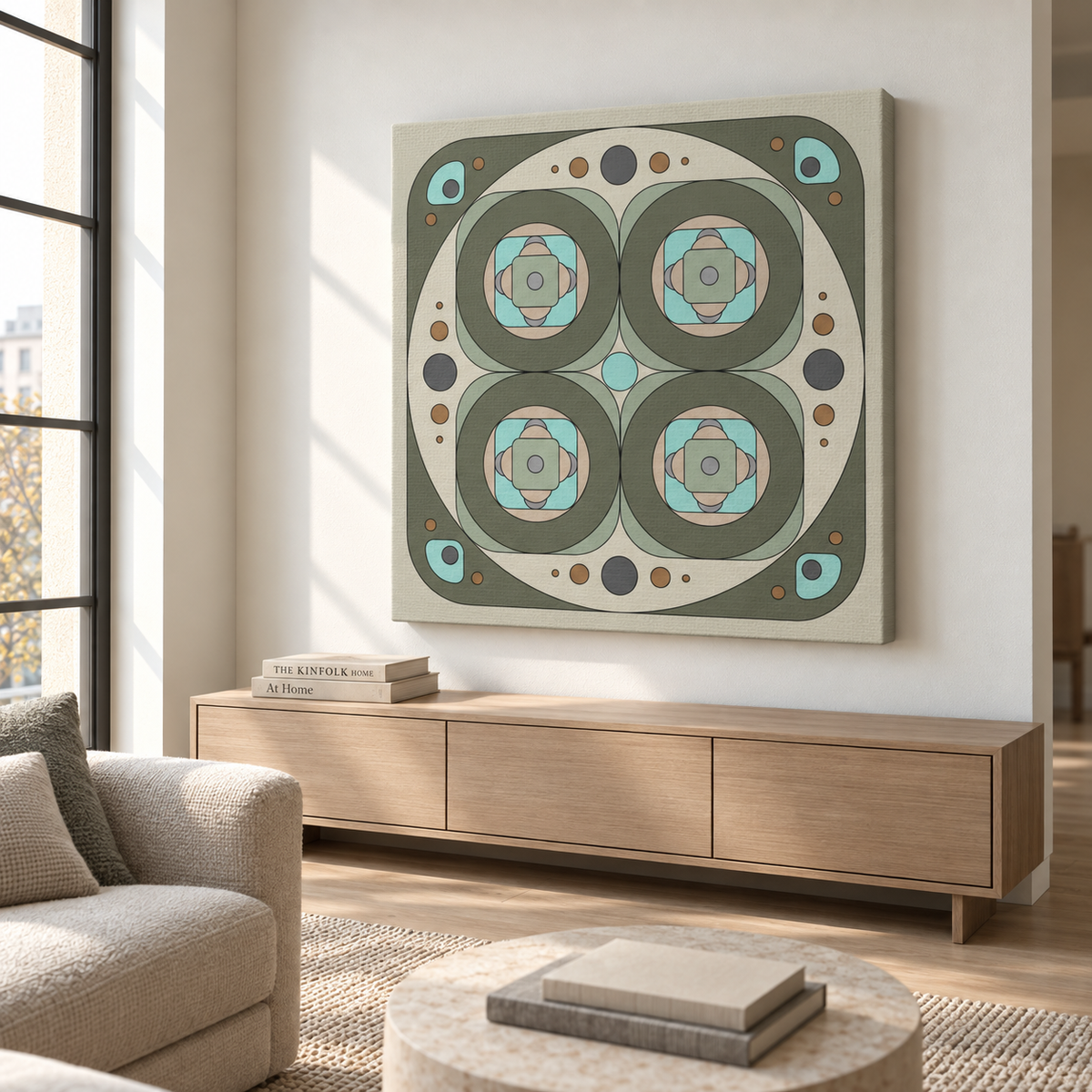 A square canvas wall art print with a mid-century modern geometric pattern in sage green, beige, and light blue, displayed on a wall in a modern living room setting above a wooden console table.