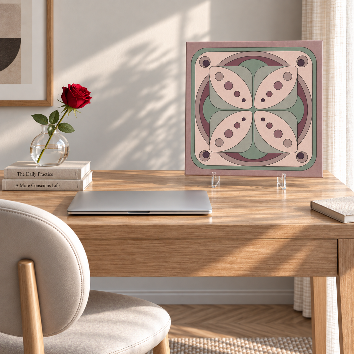 A framed square art print with a retro geometric floral pattern in muted pink, sage green, and mauve tones, displayed on a wooden desk in a styled home office setting with a laptop, books, a red rose, and a chair.