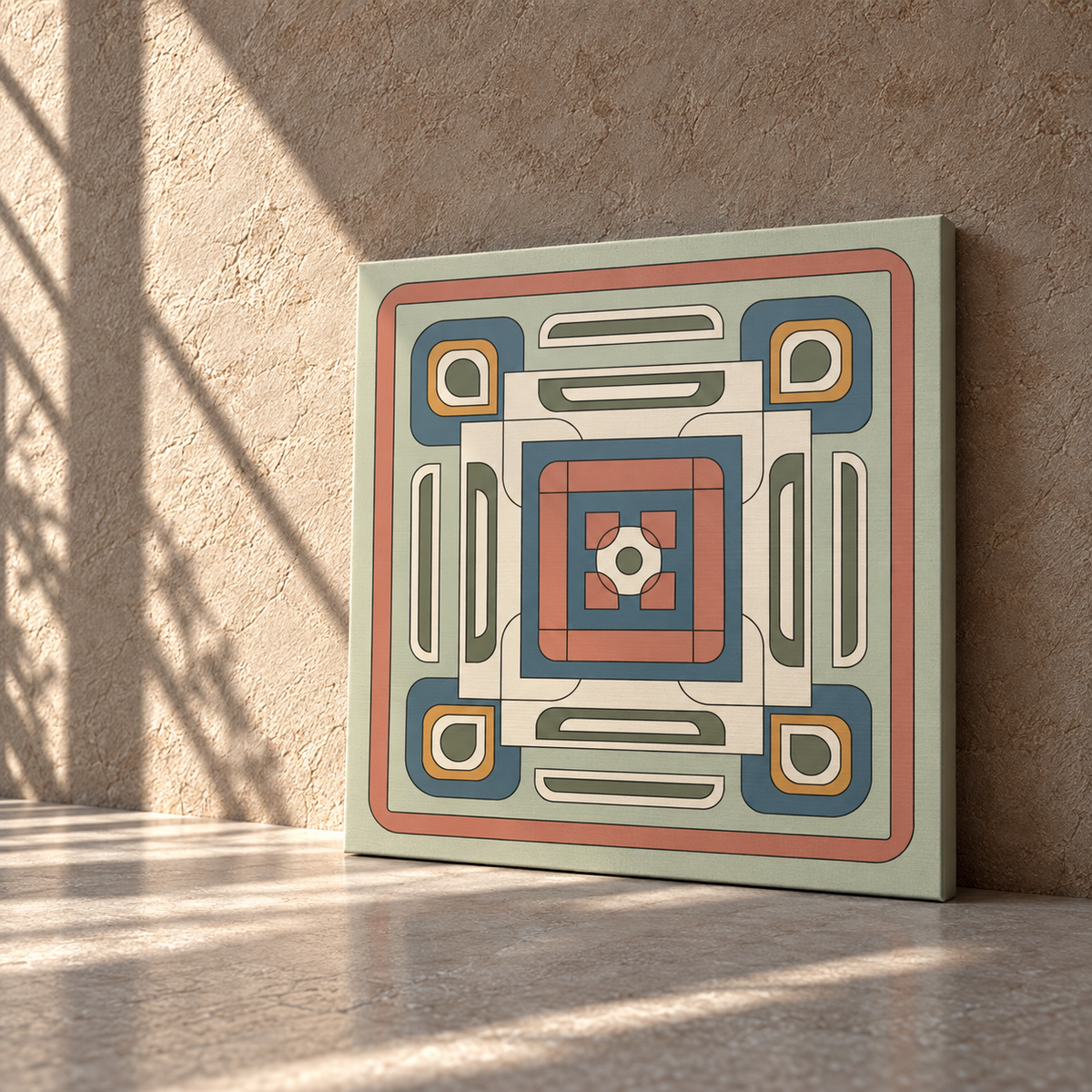 A square canvas wall art print featuring a retro geometric pattern in muted teal, terracotta, cream, and olive, leaning against a textured beige plaster wall with soft window shadow light.
