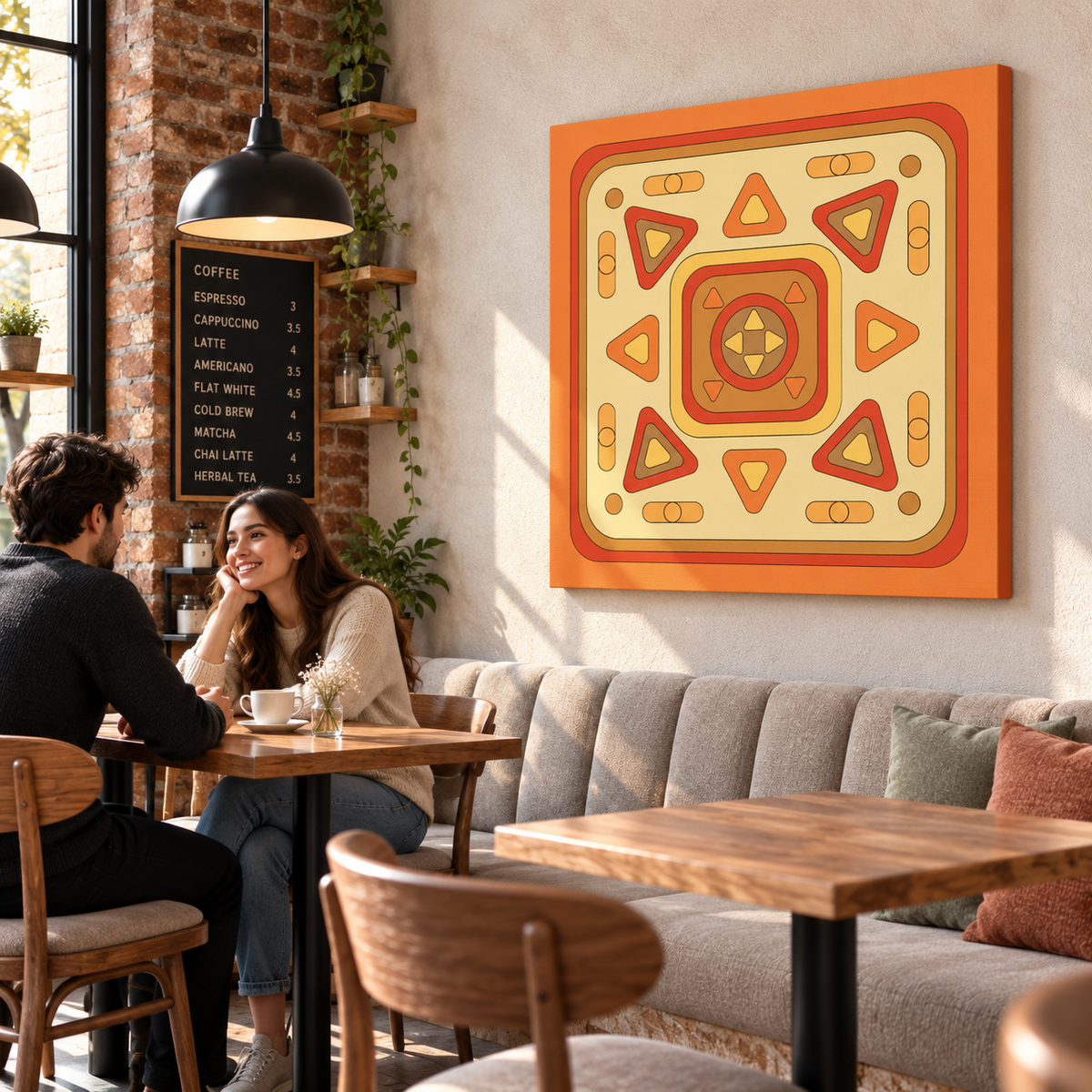 A large square canvas wall art print featuring a retro geometric pattern in orange, yellow, and red, displayed on a wall in a cozy, sunlit cafe interior with two people seated at a table in the background.