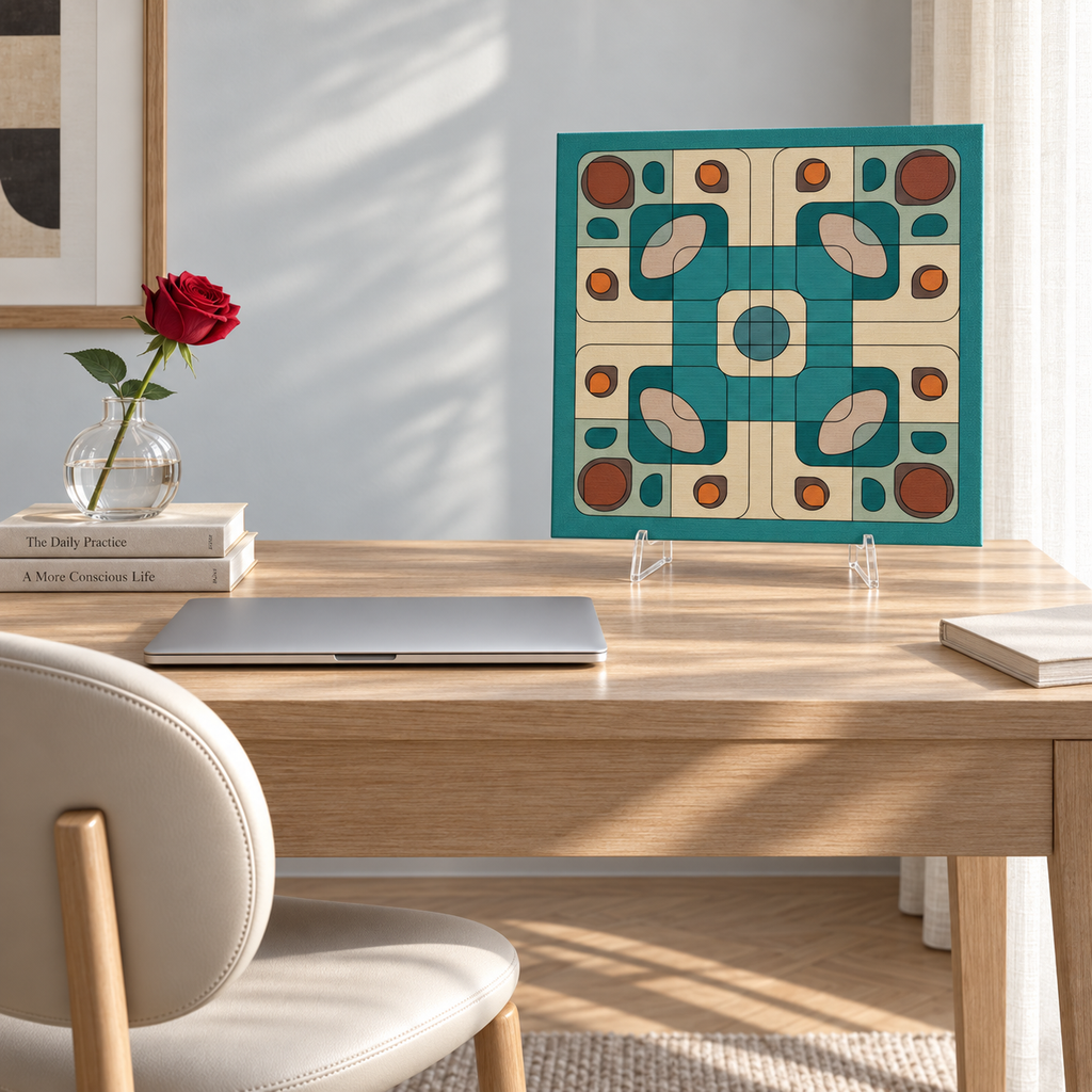 A square wall art print with a retro mid-century modern geometric pattern in teal, cream, and brown, displayed on a light wood desk in a styled home office setting.