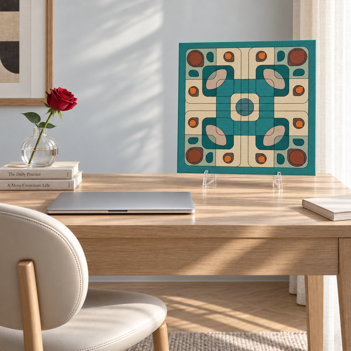 A square wall art print with a retro mid-century modern geometric pattern in teal, cream, and brown, displayed on a light wood desk in a styled home office setting.