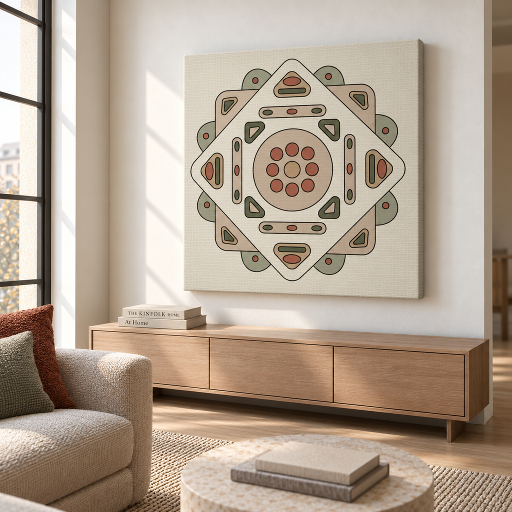 A square canvas wall art print featuring a geometric mandala design in beige, brown, muted green, and terracotta, displayed on a white wall in a modern living room setting above a wooden console table.