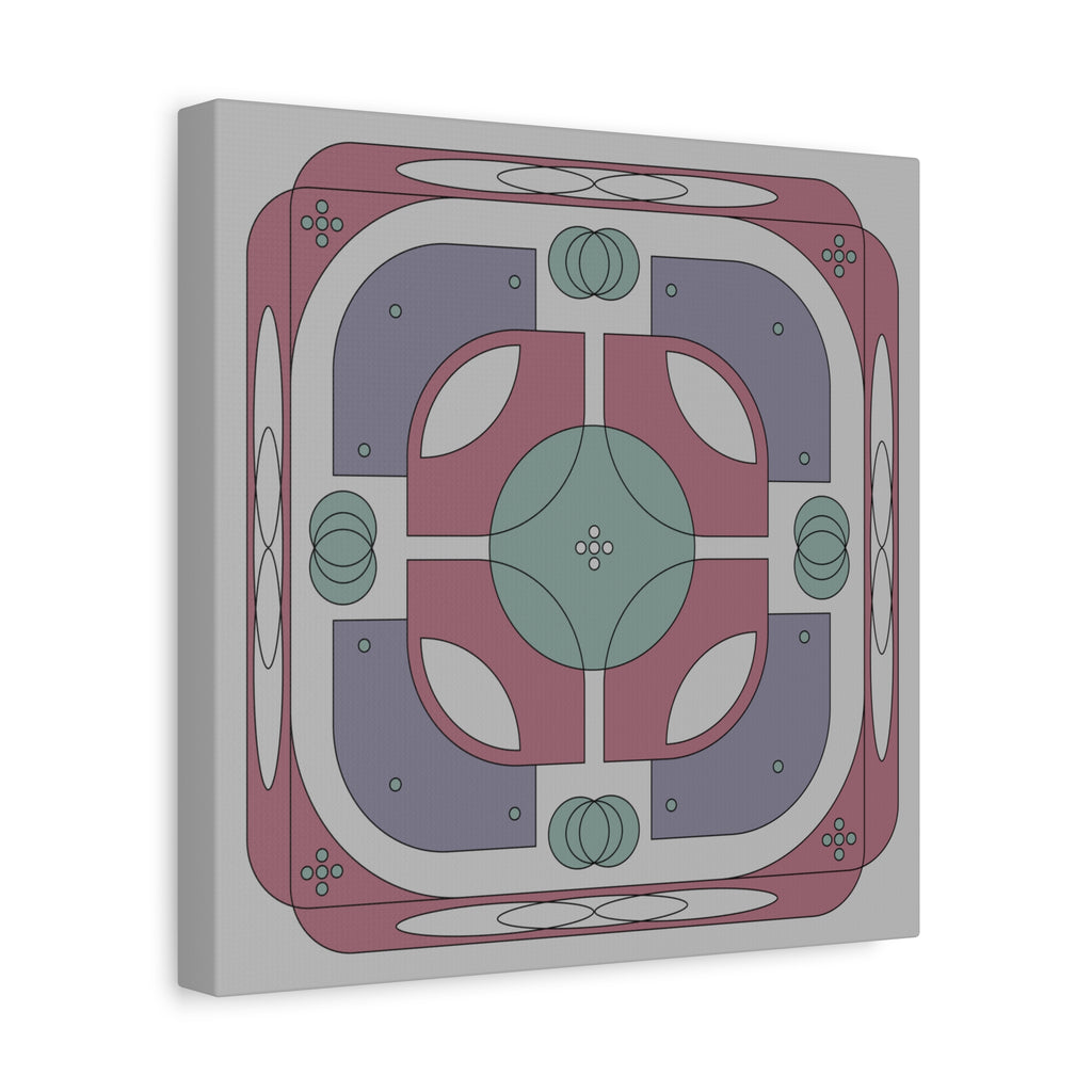 A square canvas wall art print featuring a symmetrical geometric art deco design in muted pink, sage green, lavender, and gray tones, shown at a three-quarter angle against a clean white background.