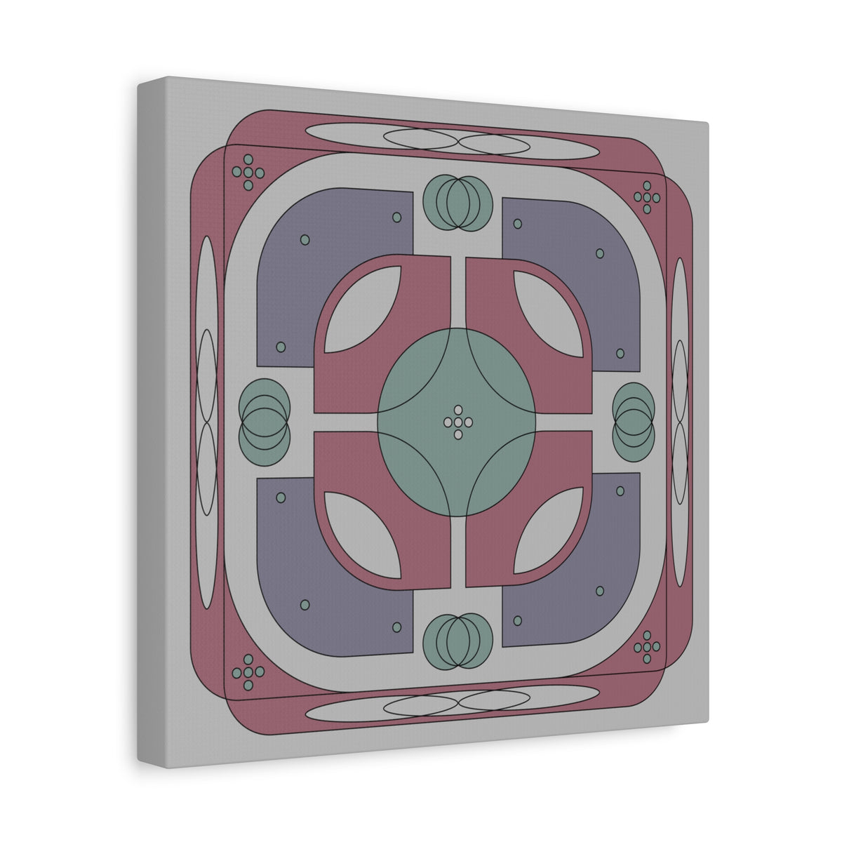 A square canvas wall art print featuring a symmetrical geometric art deco design in muted pink, sage green, lavender, and gray tones, shown at a three-quarter angle against a clean white background.