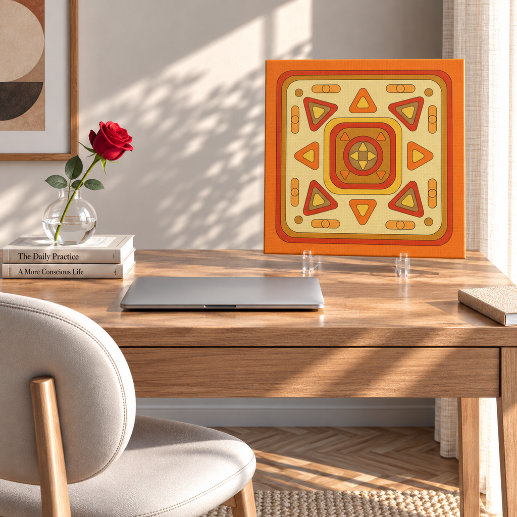 A square canvas art print with a retro geometric pattern in orange, yellow, and red, displayed on clear acrylic stands on a wooden desk in a sunlit room.