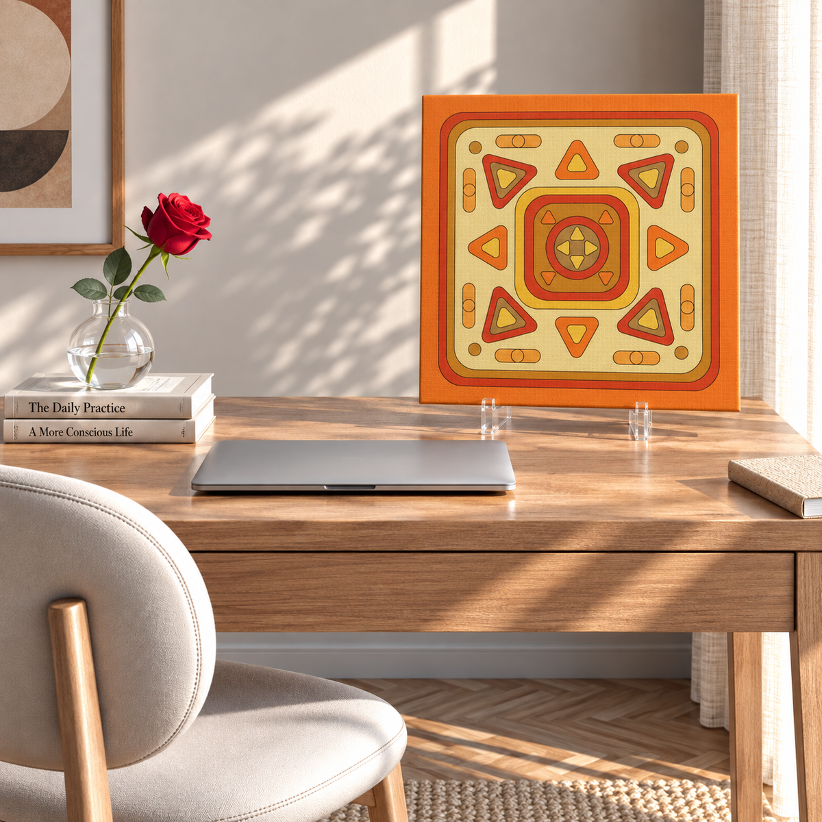 A square canvas art print with a retro geometric pattern in orange, yellow, and red, displayed on clear acrylic stands on a wooden desk in a sunlit room.