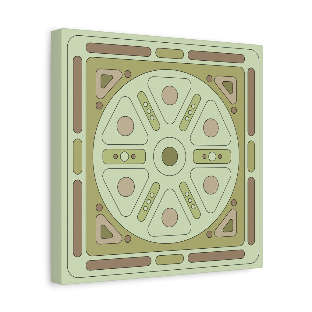 A square canvas wall art print featuring a retro, geometric, mid-century modern pattern in muted shades of sage green, olive, tan, and brown, shown at a three-quarter angle against a plain white background.