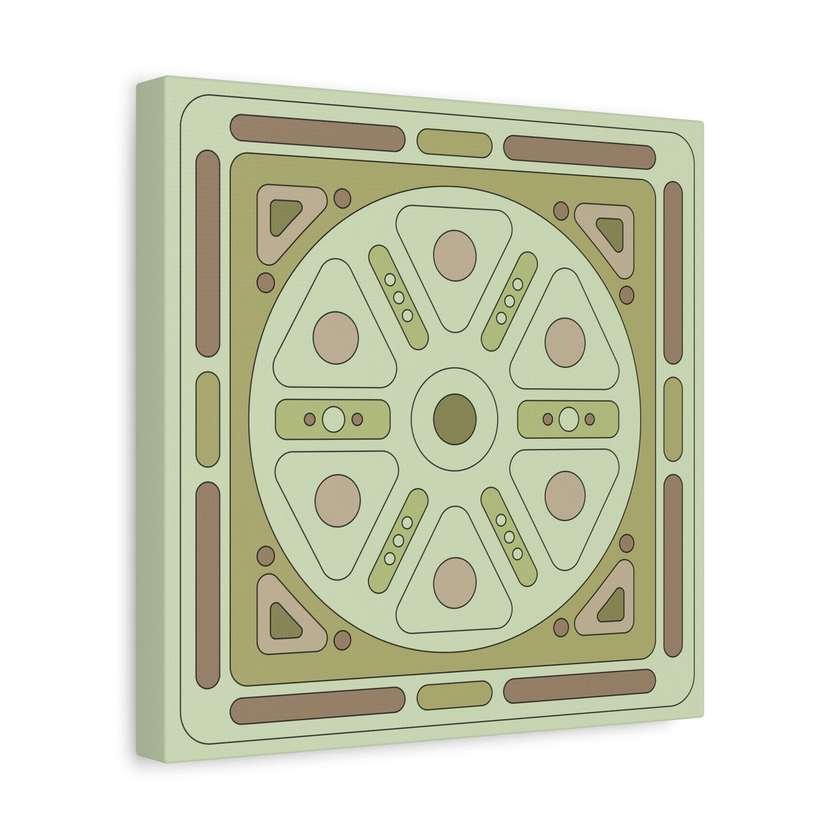 A square canvas wall art print featuring a retro, geometric, mid-century modern pattern in muted shades of sage green, olive, tan, and brown, shown at a three-quarter angle against a plain white background.