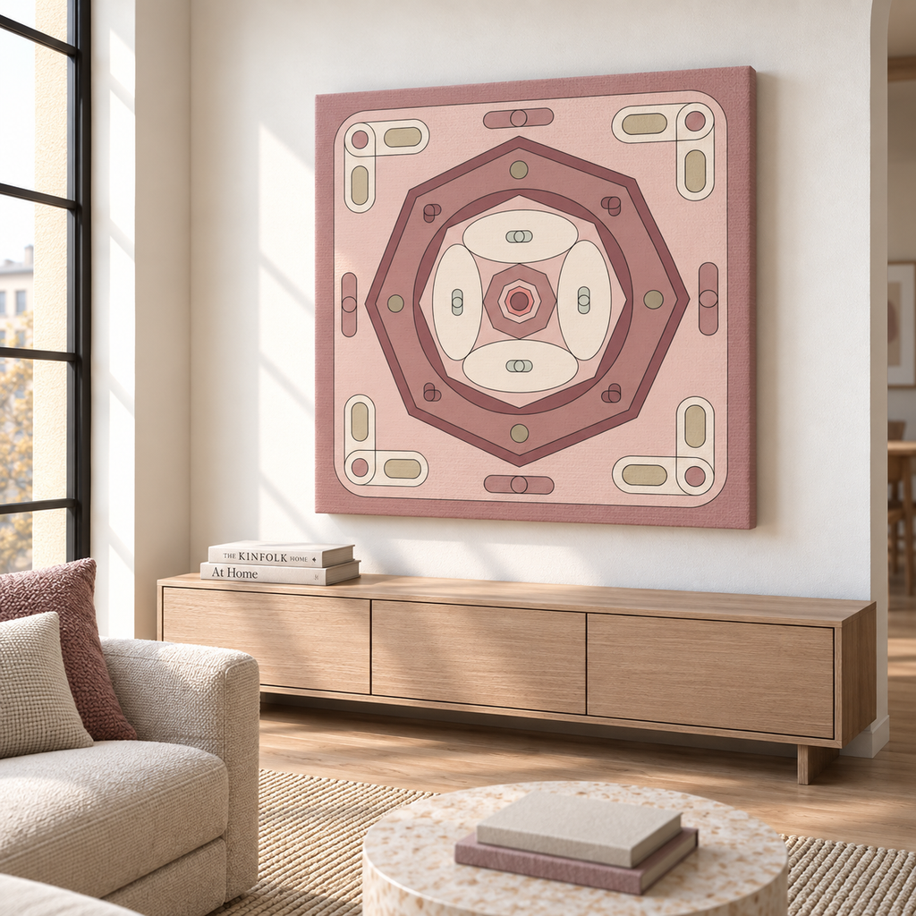 A large square canvas wall art print featuring a retro mid-century modern geometric design in dusty pink, mauve, cream, and terracotta, displayed on a white wall above a light wood console in a modern living room setting.