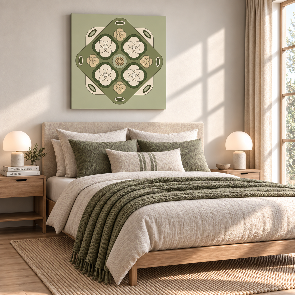 A styled bedroom scene with a bed dressed in beige and olive green bedding, a matching green throw blanket, and a square wall art print above the headboard featuring an abstract geometric floral pattern in sage green, cream, and tan.