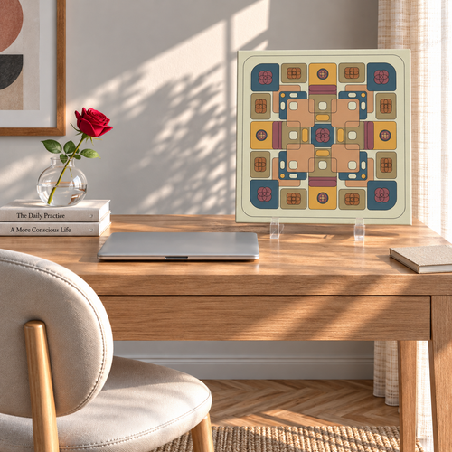 A framed square art print with a retro mid-century modern geometric pattern in beige, orange, blue, and purple, displayed on a wooden desk in a sunlit room next to a chair and a red rose.