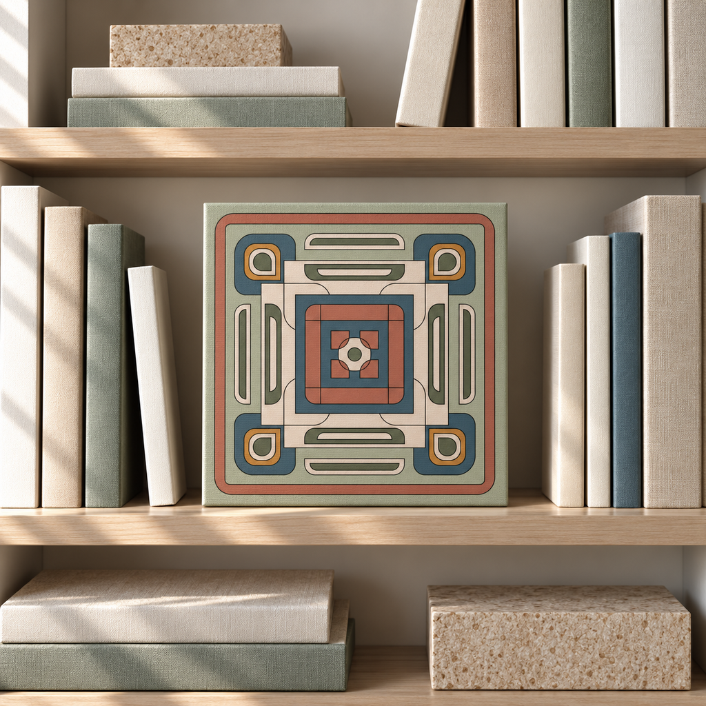 A square decorative wall art print or tile-style canvas with a geometric retro pattern in muted teal, terracotta, cream, and rust, displayed on a wooden bookshelf between books.