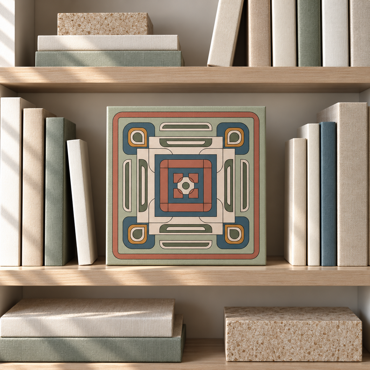A square decorative wall art print or tile-style canvas with a geometric retro pattern in muted teal, terracotta, cream, and rust, displayed on a wooden bookshelf between books.