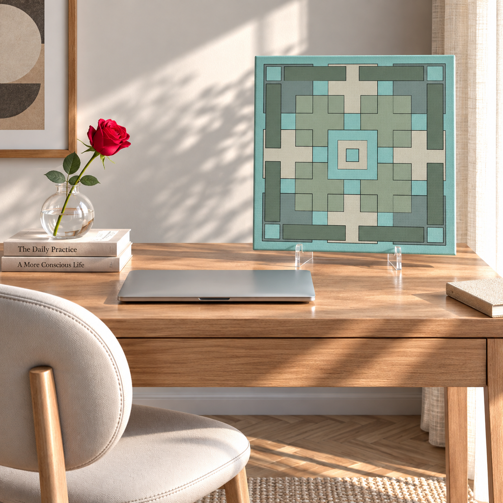 A square framed art print with a geometric pixelated pattern in shades of teal, sage green, and cream, displayed on clear acrylic stands on a wooden desk in a styled home office setting.