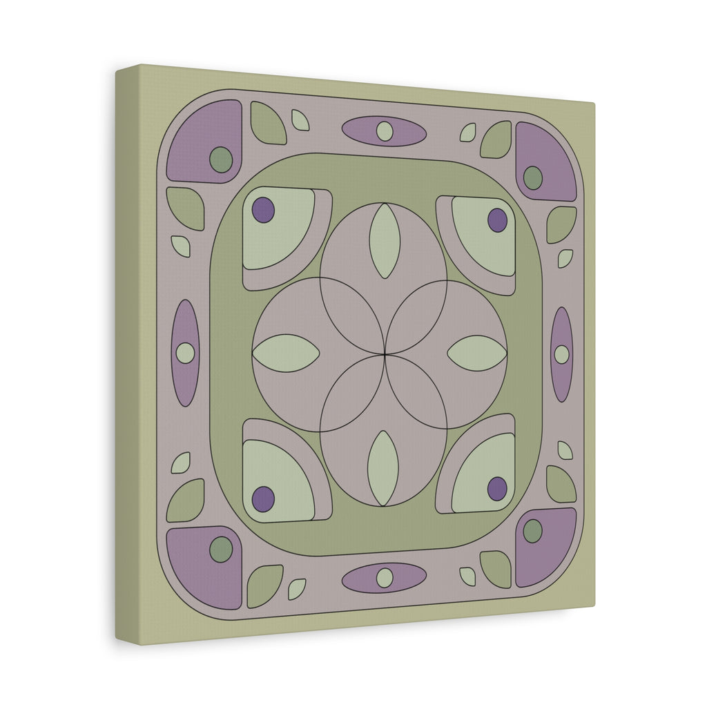 A square canvas wall art print featuring a retro 1970s-style geometric medallion pattern in muted sage green, lavender purple, and taupe-gray tones, shown from a slight perspective angle against a clean white background.