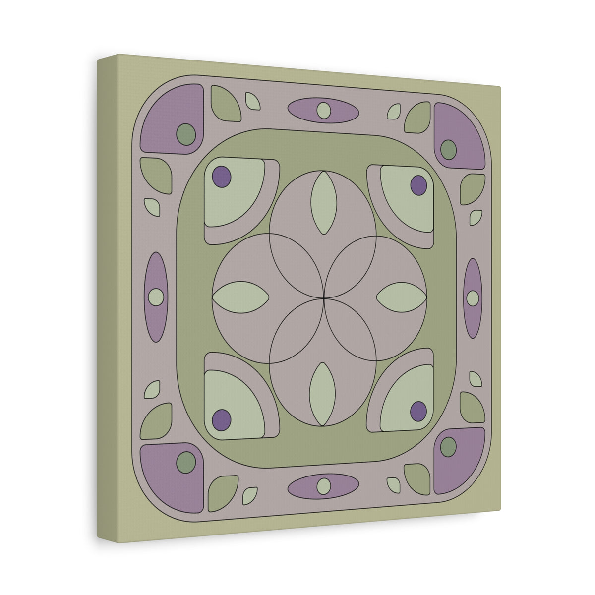 A square canvas wall art print featuring a retro 1970s-style geometric medallion pattern in muted sage green, lavender purple, and taupe-gray tones, shown from a slight perspective angle against a clean white background.