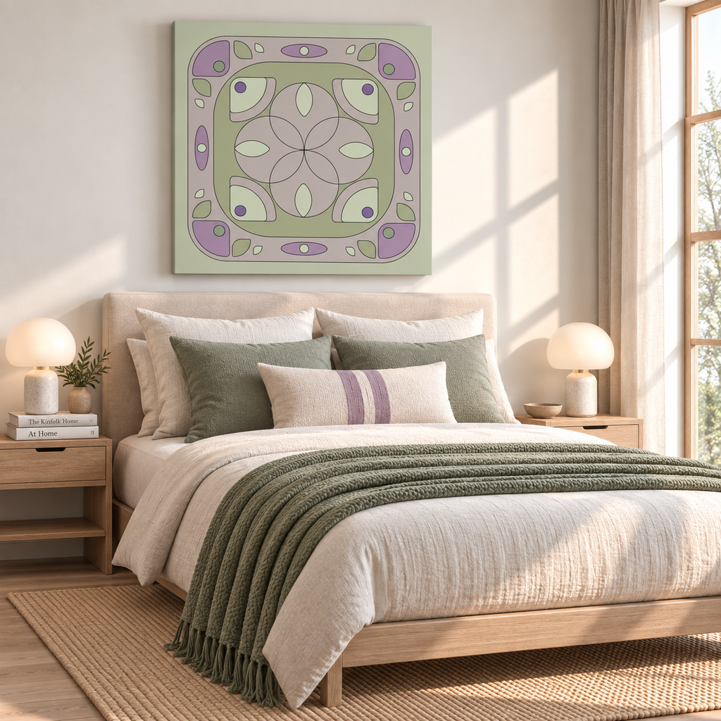 A styled bedroom scene with a bed dressed in cream bedding and green pillows, beneath a square wall art print featuring a retro floral pattern in sage green and lavender.