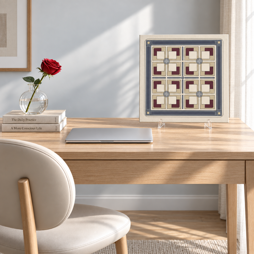 A framed geometric art print with a cream, navy, and burgundy pattern is displayed on a light wood desk in a bright, modern room. The scene includes a white upholstered chair, a stack of books with a red rose in a glass vase, and a closed silver laptop.