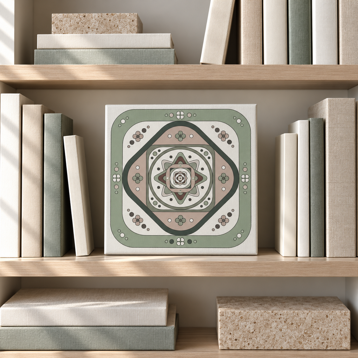 A square decorative wall art piece with a centered geometric mandala pattern in muted sage green, beige, cream, and charcoal, displayed on a light wood bookshelf between books.
