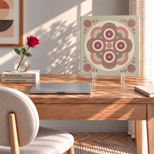 A square canvas art print with a retro 1970s-style circular pattern in muted sage green, pink, taupe, and cream, displayed on a wooden desk in a sunlit home office setting.