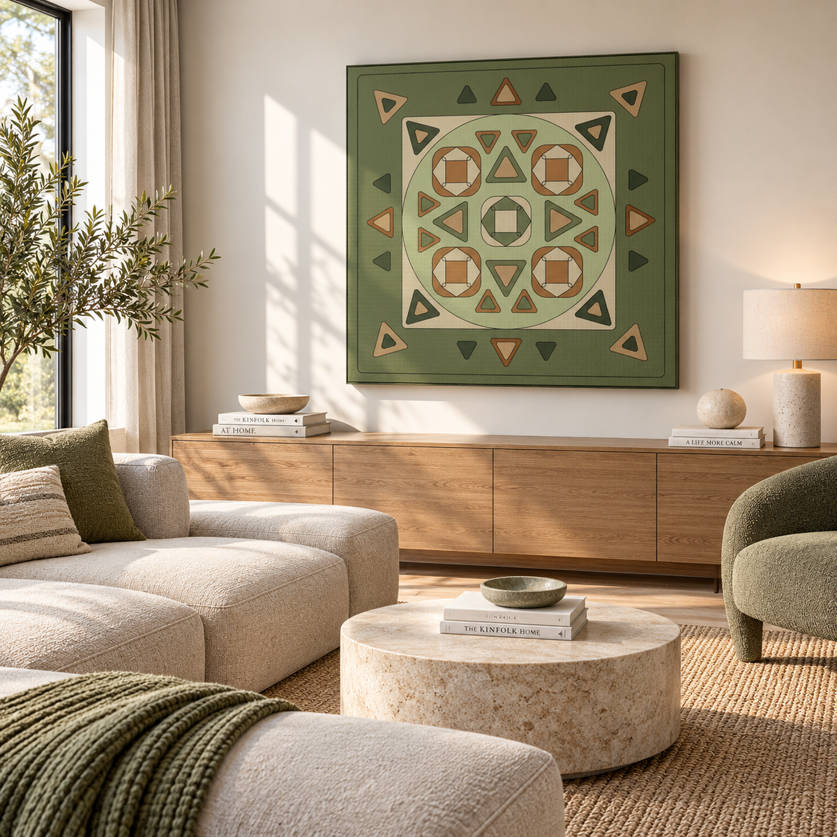 A large square wall art piece with a geometric Southwestern-style pattern in olive green, beige, and terracotta, hanging in a bright, modern living room above a wooden credenza.