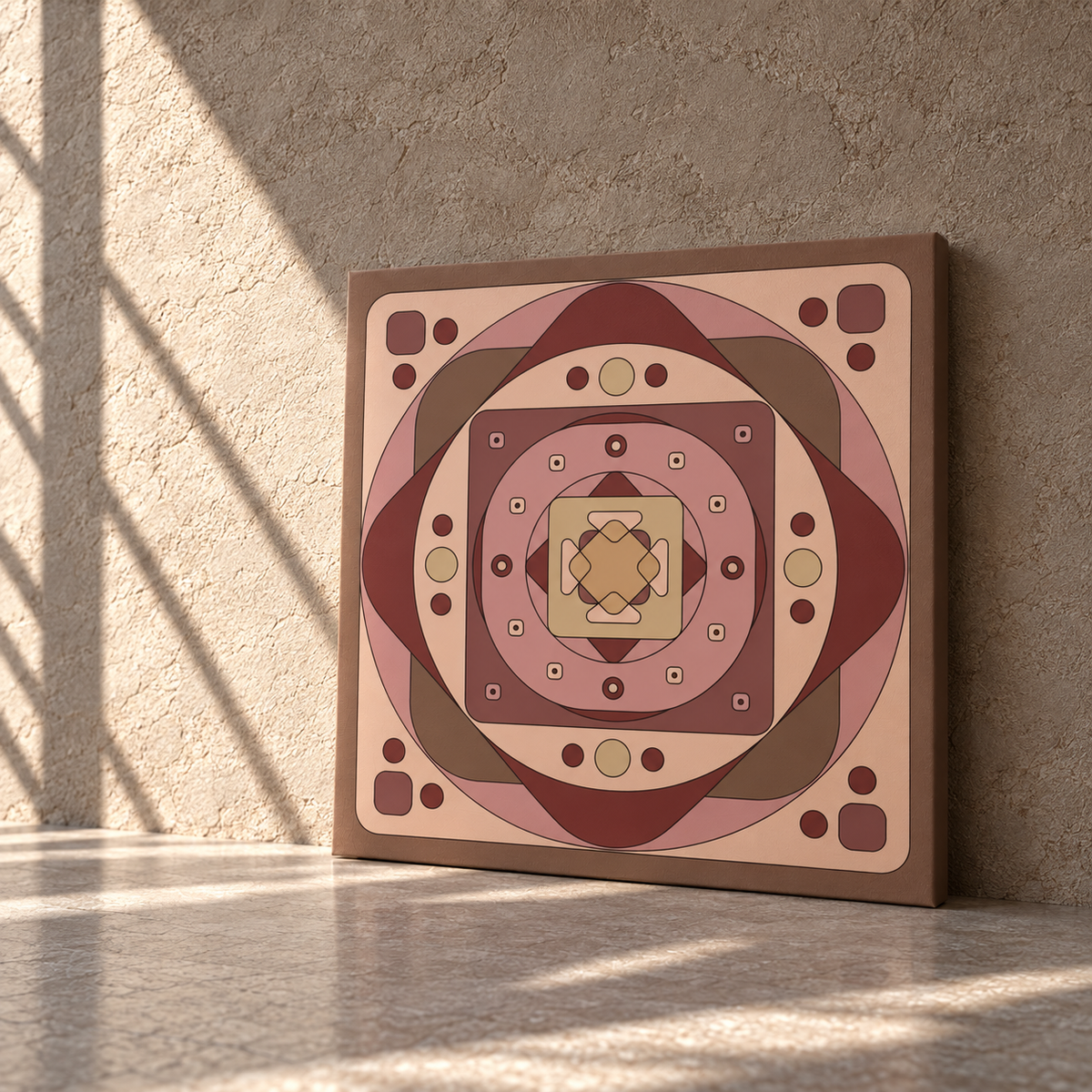 A square canvas print featuring a retro geometric mandala design in shades of terracotta, dusty pink, and beige, leaning against a textured beige plaster wall with soft window shadow patterns.