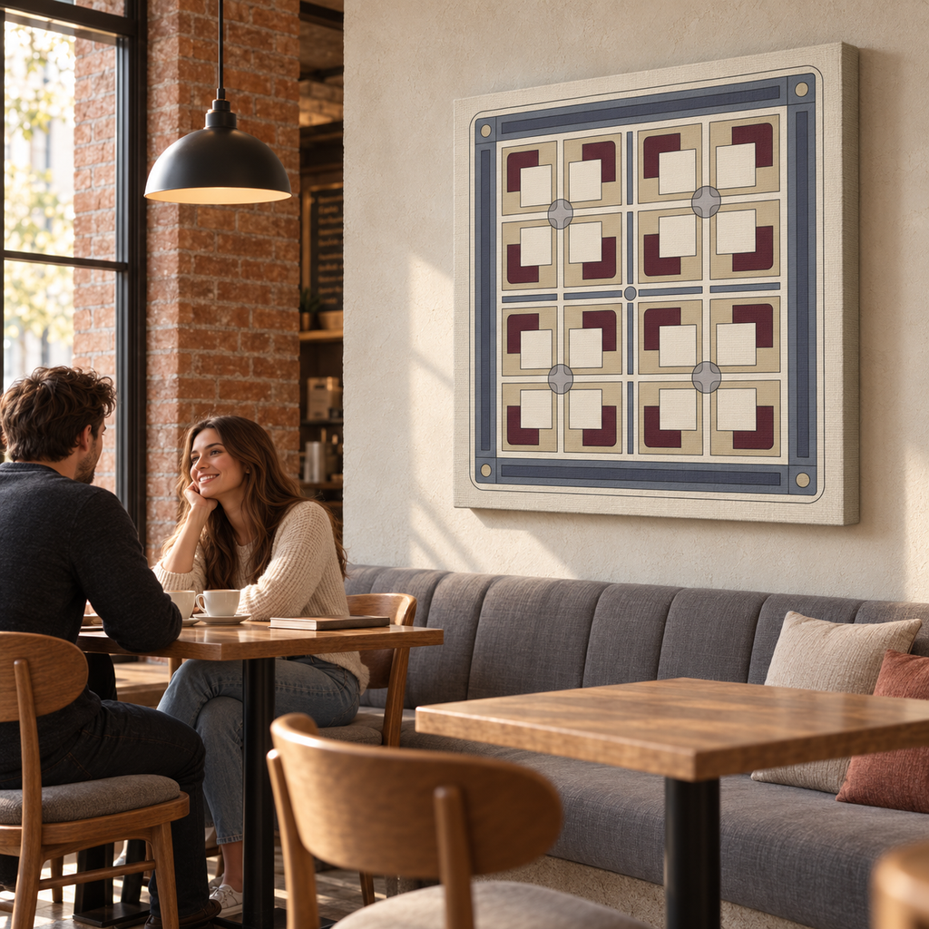 A framed geometric wall art print hangs on a beige wall in a cozy cafe setting, with a couple seated at a wooden table in the foreground. The artwork features a symmetrical 2x4 grid pattern in cream, navy blue, and burgundy.