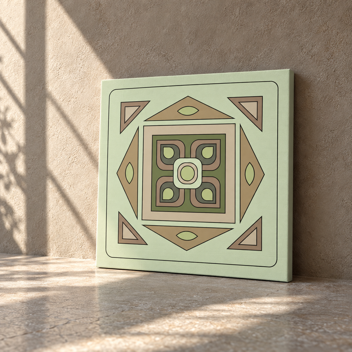 A square decorative tile or art print with a retro geometric pattern in sage green, beige, and brown, leaning against a textured beige wall on a stone floor with soft sunlight and shadows.